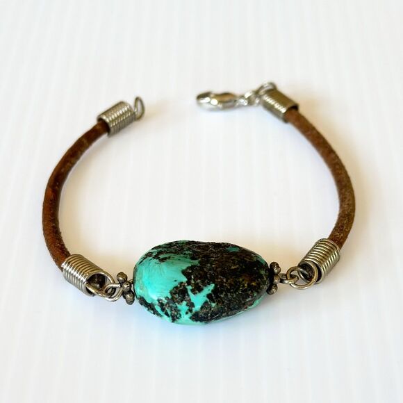 Vintage Boho Turquoise Nugget Bracelet w/ Sterling Beads • Leather Western Style - Picture 3 of 5